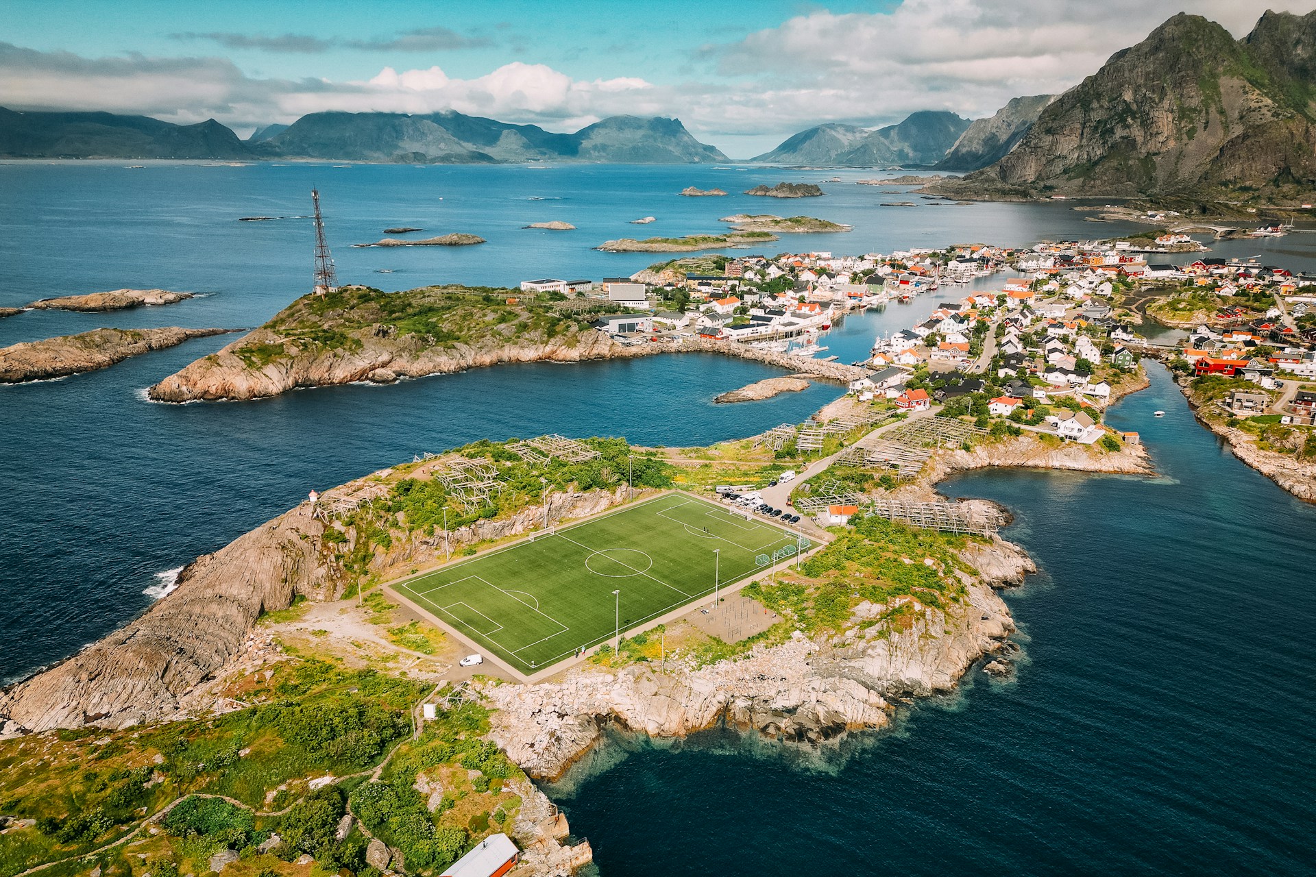 Soccer pitch on a rocky island